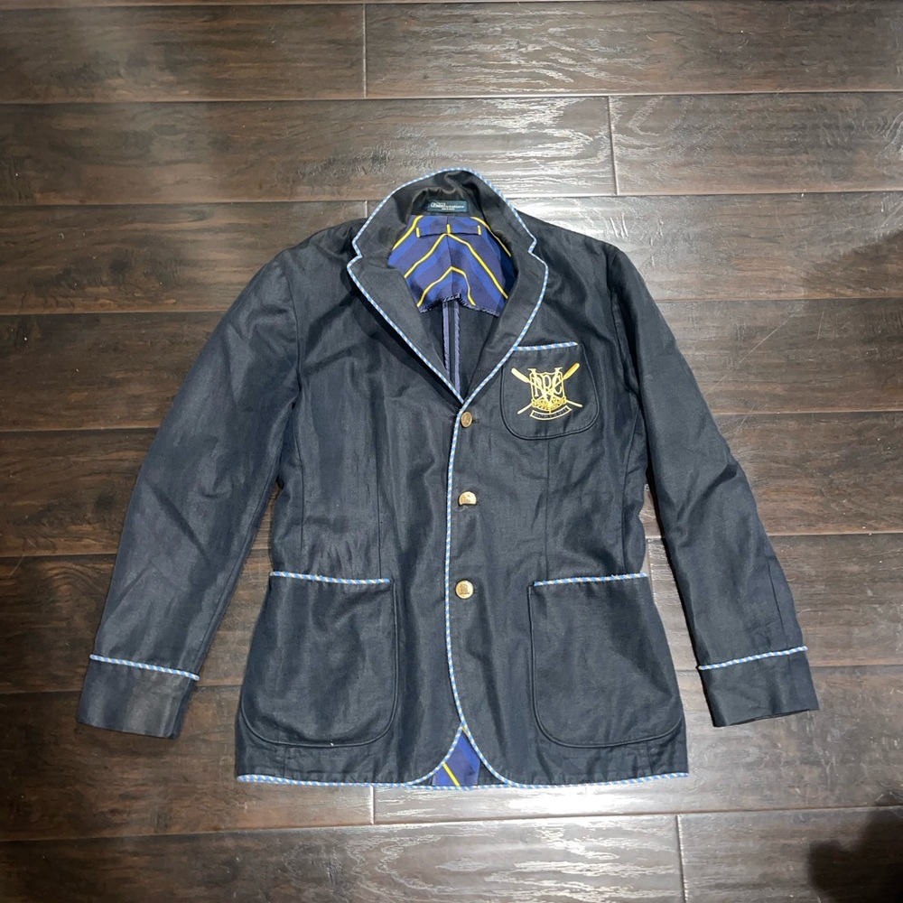 Polo by Ralph Lauren Blue and Yellow Striped Blazer Size 40R Linen Blend Preppy